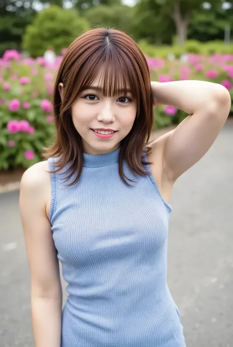 young woman standing in front, Wear a tight sleeveless, light blue knit dress with high neck and short length,  Bend forward slightly, flat concrete area. very big breasts, Her hair color is dark brown., semi-long hair,  In the back is a field of colorful ...