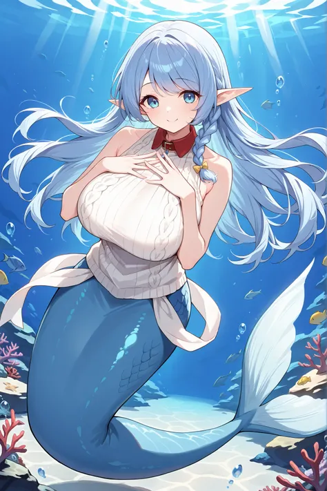 (Fraction_9:0.9),Fraction_8_Up,Fraction_7_Up,Grade-level,(zPDXL3),(Best Quality),(masterpiece),(Complete five fingers), a girl,cute,Water Enchantress of the temple,Long blue hair,Touch the chest with both hands,red collar, blue eyes ,sleeveless white sweat...