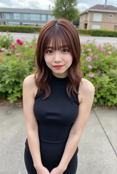 young woman standing in front, Wear a tight sleeveless, short black knit dress with high neck,  Bend forward slightly, flat concrete area. very big breasts, Her hair color is dark brown., semi-long hair,  In the back is a field of colorful flowers all over...