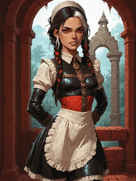 Drawn like the artist Bob Kehl. The indiginous (Inca) girl has white and dark hair, red-coloured eyes, with sharp teeth, athletic body and abs. White highlights in her braid. She wears shiny Aztec leather outfit with snakeskin-texture. She has small breast...