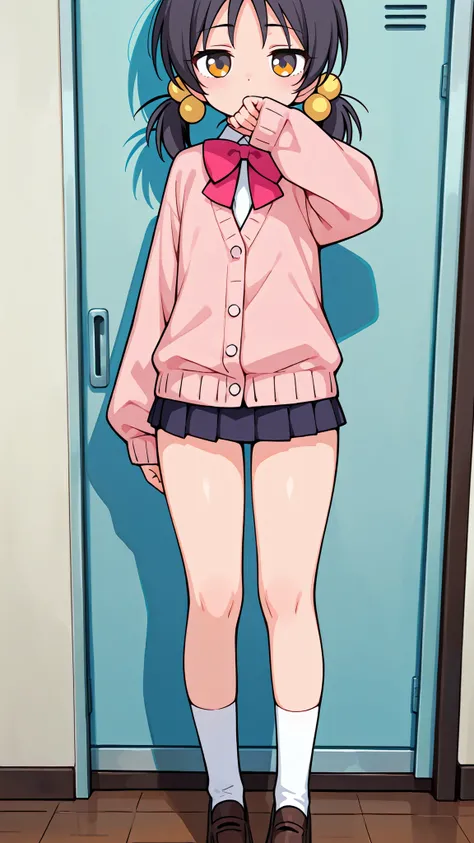 ((anime style)),nsfw,score_9, score_8_up, score_7_up, source_anime,high quality,detailed,high resolution,best quality,best detailed girl,masterpiece, 1girl , ((solo)),Kaai Yuki, a girl with dark hair, twin pigtails,cartoon-style outfit, light pink cardigan...