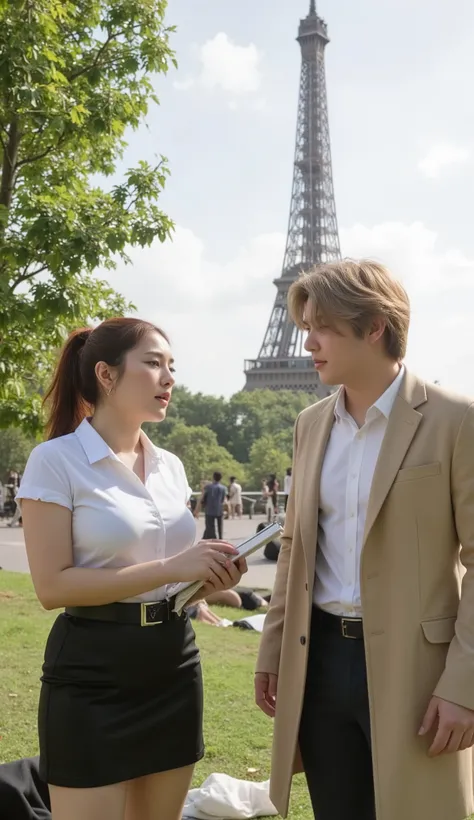 A portrait image shows a young Korean-Thai woman talking with a French man in a green park in Paris with the Eiffel Tower as a backdrop.
She has a long, fluffy haircut, showing off her narrow forehead. She has a voluptuous figure. She is chubby-sexy. She...