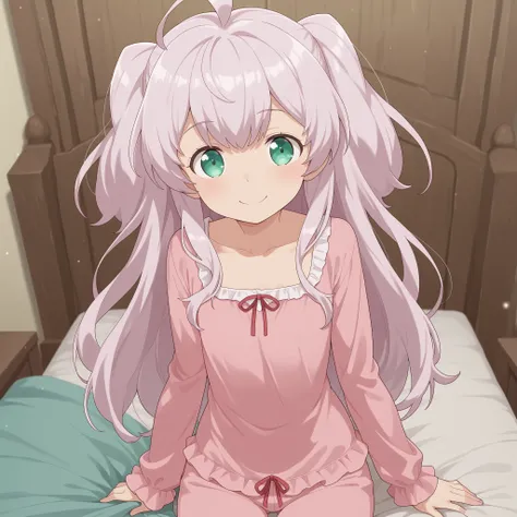 Adele von Ascham, pink hair,green eyes, petite, flat-chested girl, happy, looking at viewer, pink pyjamas, bedroom