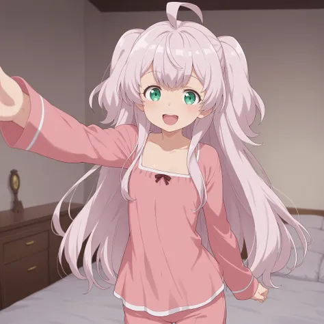 Adele von Ascham, pink hair,green eyes, petite, flat-chested girl, happy, looking at viewer, pink pyjamas, bedroom