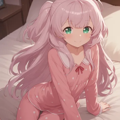 Adele von Ascham, pink hair,green eyes, petite, flat-chested girl, happy, looking at viewer, pink pyjamas, bedroom