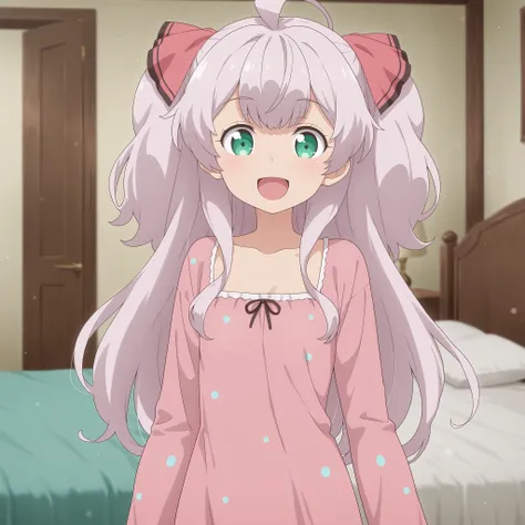 Adele von Ascham, pink hair,green eyes, petite, flat-chested girl, happy, looking at viewer, pink pyjamas with blue dots, bedroom,Pajama Design