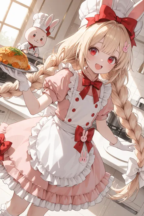 nsfw,masterpiece,perfect anatomy,high resolution, ultra-detailed,beautiful detailed eyes,dutch angle,absurdres,long hair, bangs, blonde hair, hair ornament, red eyes, gloves, hat, dress, bow,animal ears, twintails, very long hair, braid, short sleeves, hai...