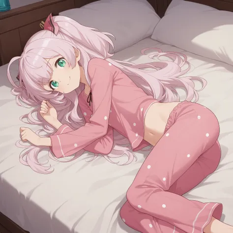 Adele von Ascham, pink hair,green eyes, petite, flat-chested girl, happy, looking at viewer, pink pyjamas with blue dots, bedroom,Pajama Design,4K, midriff, laying down on bed, laying on side, posing