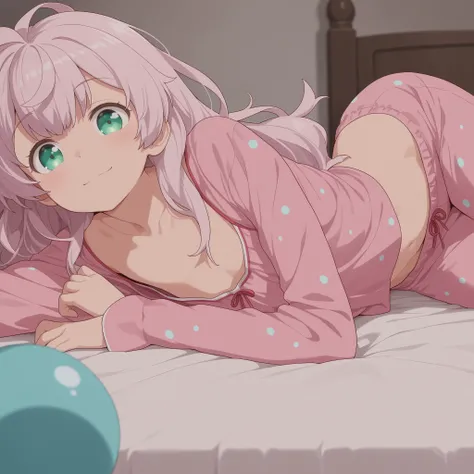Adele von Ascham, pink hair,green eyes, petite, flat-chested girl, happy, looking at viewer, pink pyjamas with blue dots, bedroom,Pajama Design,4K, midriff, laying down on bed, laying on side, posing
