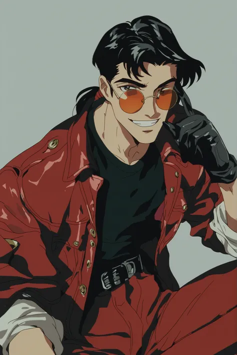 Young male pyromaniac (24 years old). Spanish appearance . has thin facial features, black hair in a ponytail. thin and elongated. Wears a classic red jacket, classic red pants and an untucked black shirt with an open collar. . The accessories include bla...