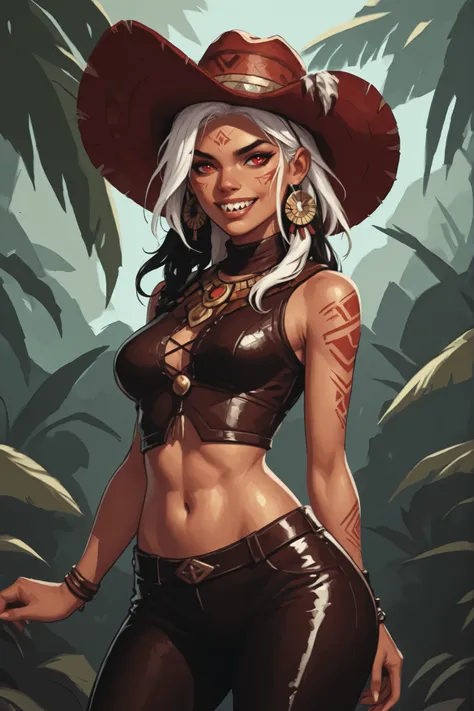 Drawn like the artist Bob Kehl. The indiginous (Inca) girl has white and dark hair, darker skin, red-coloured eyes, with sharp teeth, athletic body and abs. White highlights in her braid. She wears Aztec leather outfit with snakeskin-texture. She has small...