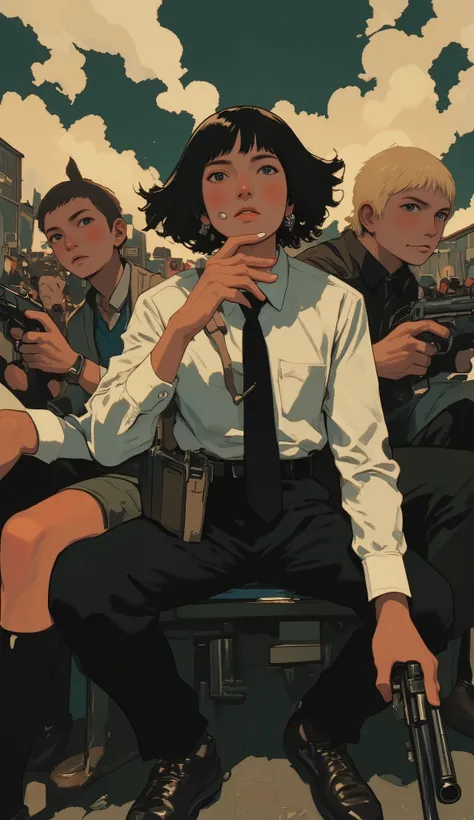 close-up of people smoking cigarettes with guns by Steven Campbell, by Josan Gonzalez, by Steven Campbell, by Dave Arredondo, Laurie Gracely's Style, Laurie Grisley and James Jean, then Martin, by justin gerard, Whitney Darrow, by Tim Biscup, people on, b...