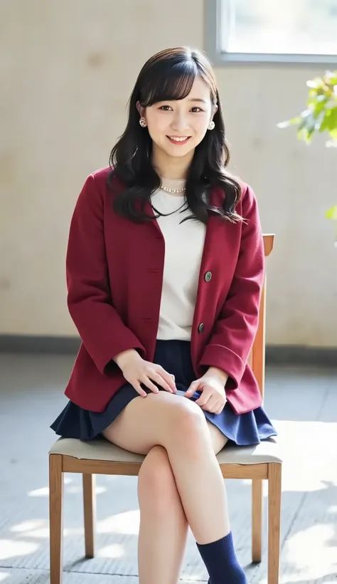 live-action、shot with a Canon EOS R5, 50mm lens, f/2.8 apertur、(masterpiece,best quality:1.4)、Highest Quality、ultra high definition、8K、school、what a high school girl looks like、uniform、Emphasize the cleavage,Seductive pose、front view、Full body photo、sittin...