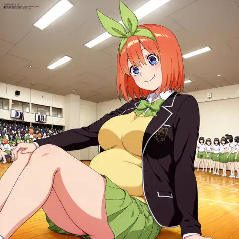 1girl,unwellness depressed y0tsuba, large breasts, orange hair, blue eyes, short hair, hair between eyes green bow hairband, black blazer, open blazer, yellow sweater vest, white collared shirt, bowtie, plaid bowtie, green skirt, pleated skirt,fat weight g...