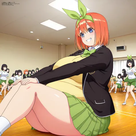 1girl,unwellness depressed y0tsuba, large breasts, orange hair, blue eyes, short hair, hair between eyes green bow hairband, black blazer, open blazer, yellow sweater vest, white collared shirt, bowtie, plaid bowtie, green skirt, pleated skirt,fat weight g...