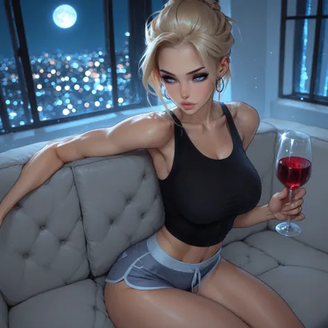 1 girl, lip gloss, eyeliner, sexy, skinny, (high angle 1.3), blue eyes, masterpiece, best quality, hrigh details, Ray tracing, hdr, volumetric lighting, bokeh, depth of field, glossy lips, score_9, score_8_up, score_7_up, upscale 2x, ultra highres,  gorgeo...