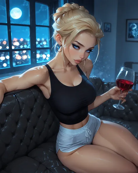 1 girl, lip gloss, eyeliner, sexy, skinny, (high angle 1.3), blue eyes, masterpiece, best quality, hrigh details, Ray tracing, hdr, volumetric lighting, bokeh, depth of field, glossy lips, score_9, score_8_up, score_7_up, upscale 2x, ultra highres,  gorgeo...