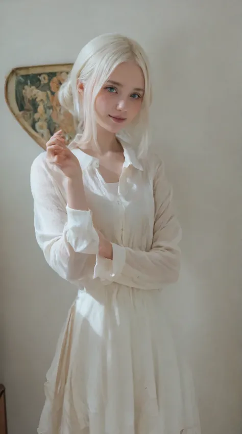 (((white background:1.3)))、((( 1 Albino Girl 、cute face、cute girl))), ,((( white eyes :1.3)))、white dress、((white shirt:1.3、white block dress)), tyndall effect , realistic, Shadow Studio,Ultramarine、Please draw a woman singing with a lovely smile, デュアルト...