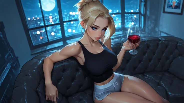 1 girl, lip gloss, eyeliner, sexy, skinny, (high angle 1.3), blue eyes, masterpiece, best quality, hrigh details, Ray tracing, hdr, volumetric lighting, bokeh, depth of field, glossy lips, score_9, score_8_up, score_7_up, upscale 2x, ultra highres,  gorgeo...