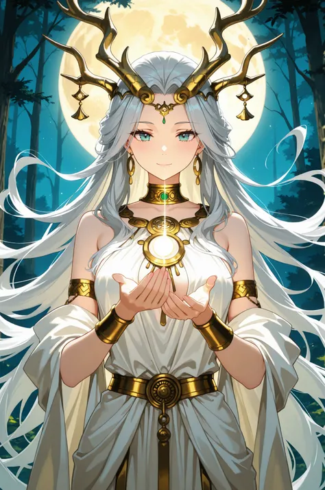 ((Top Quality)), ((Excellent)), (Details), masterpiece, best quality, UHD, ((Best quality, 8k, Masterpiece:1.3)), An anime-style illustration of Artemis, the Greek goddess of the moon and the hunt, depicted as a mystical and divine figure. 
She stands grac...