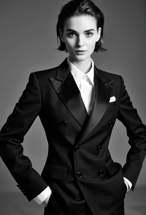 Capture a black and white film photograph of a woman in an elegant SM-inspired outfit, using dramatic lighting to create deep shadows and highlights that emphasize the grainy texture and details.