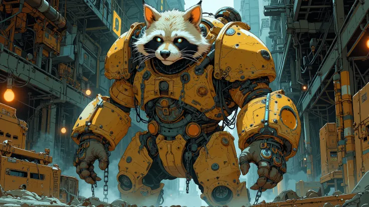 A towering raccoon in oversized, crude armor, standing in a grimy underhive factory. Massive chains hang from his wrists, and the air is thick with the smell of oil and sweat. Cinematic low-angle shot, harsh industrial lighting casting deep shadows, highly...