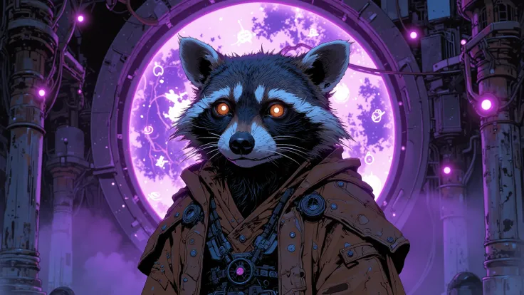 A raccoon with glowing eyes, standing in a dark underhive chamber. Arcane symbols float around him, and the air hums with psychic energy. Cinematic front-facing shot, eerie lighting highlighting the psychic aura, highly detailed textures on fur, robes, and...