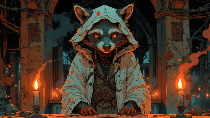 A raccoon in simple, ritualistic robes, standing before a flickering altar in a dark underhive chamber. Candles burn low, casting long shadows, and the air is thick with incense. Cinematic front-facing shot, warm candlelight contrasting with deep shadows, ...