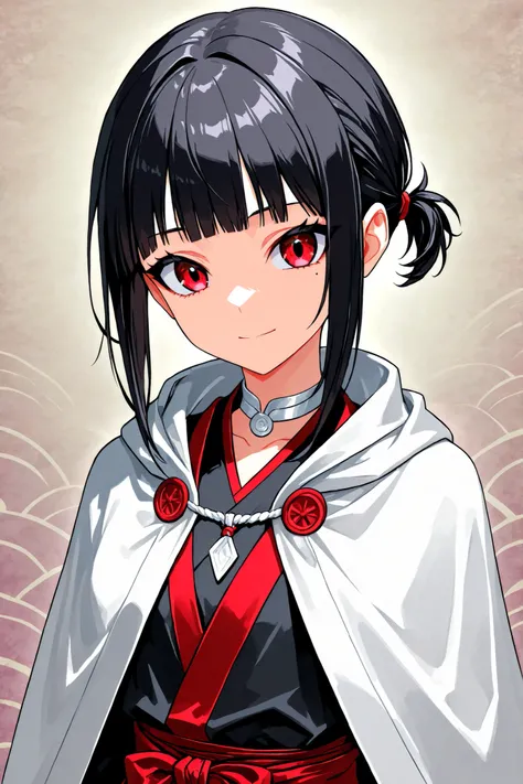 A young adult woman. Short hair. Black hair. Bangs. Slightly longer side locks. Small ponytail. Intense red eyes. Pointed ear. Mole around the eye. Calm and serene face. Loose white samurai cloak. White necklace around the neck. Thin face. A one woman