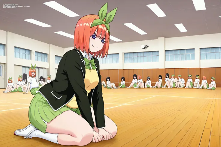 1girl,unwellness smile nakano yotsuba, bangs, short hair, blue eyes, hair between eyes, hair ribbon, hairband, orange hair, (green ribbon:1.5),blue eyes, short hair, hair between eyes,green bow hairband, black blazer, open blazer, yellow sweater vest, whit...