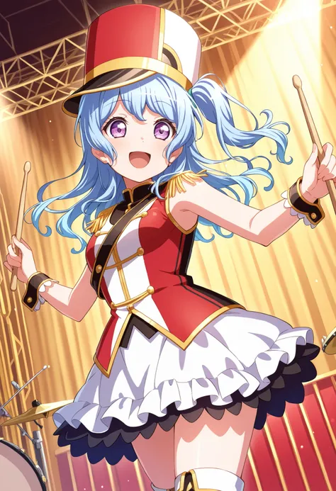 score_9, score_8_up, score_7_up, source_anime,solo, 1girl, Matsubara Kanon,adult style ,long hair, hair between eyes,green hair band,purple eyes, blue hair, light blue hair, one side up, red costume ,kokorohhw, hhw skirt, hhw shako cap, hhw band uniform, h...