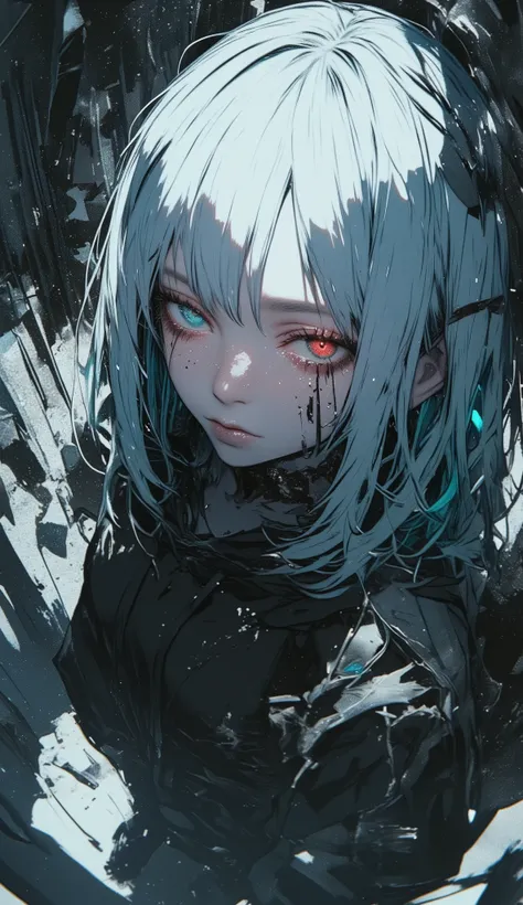 Fisheye Wide Angle , ((solo, anime))、((womanhood)), laughs happily, with long white hair, Turquoise Blue Hair、 ((Heterochromia, my left and right eyes are different colors、red eyes, blue eyes)), ((My eyelashes are white, white eyelashes)), ((tsurime)...