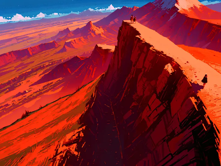 very wide shot, from above, makes an aesthetic, Master piece, Best Quality, ultra detailed, mesa, mountains of terracotta, a traveler girl , (overlooked:1.4), sunlit, blue sky, grasses of badland, magnificent panorama view, pixel art,