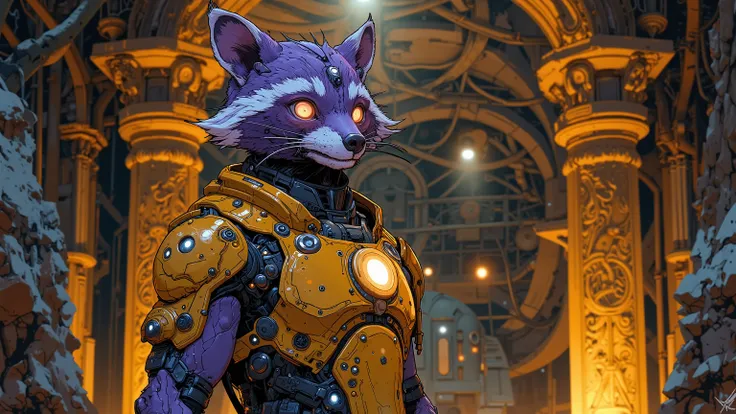 A raccoon in ornate, exo-suit armor, standing in a luxurious underhive chamber adorned with opulent decorations. The suit's energy field shimmers, and the raccoon's eyes gleam with intensity. Cinematic close-up shot, dramatic lighting highlighting the suit...