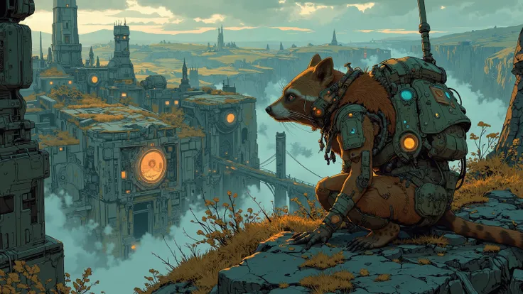 A raccoon in tribal armor, crouching atop a high vantage point overlooking the underhive. The city sprawls below, with ancient ruins and overgrown vegetation dotting the landscape. Cinematic bird's-eye view, soft twilight lighting with ambient shadows, hig...