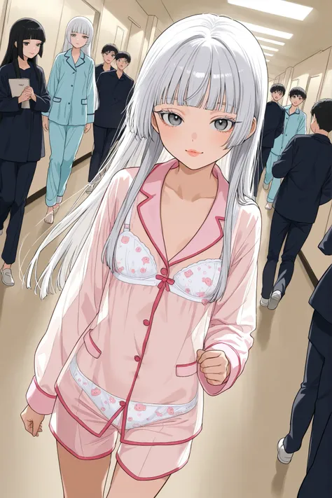 score_9, score_8_up, score_7_up, score_6_up, 
1girl and a group of people, BREAK teen girl, cute colored see-through pajamas, cartoon print basic bra, cartoon print panty, white hair, hime-cut hair, straight hair, long hair, grey eyes, cute lips, small, lo...
