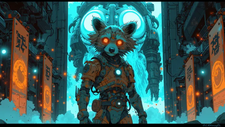 A raccoon in hybrid armor combining elements from all Necromunda gangs, standing in a massive underhive arena. Sparks, neon lights, smoke, and holographic projections create a chaotic yet epic environment. Cinematic panoramic perspective, complex lighting ...