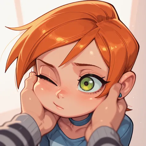 Gwen Tennyson . ginger . short hair . green eyes . flat breasts, flat chest, huge hips . slim body . choker . | (masterpiece, best quality, very aesthetic, absurdres, artist:wamudraws, shaded, white background, backlighting) (depth of field, blurred foregr...