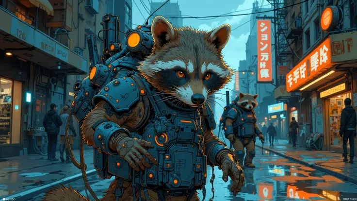 A raccoon in tactical urban armor, carrying stun batons and pistols, patrolling a neon-lit underhive street. Rain glistens on metal surfaces, light reflections from holographic signs. Cinematic low-angle shot, dramatic city lighting with shadows, highly de...