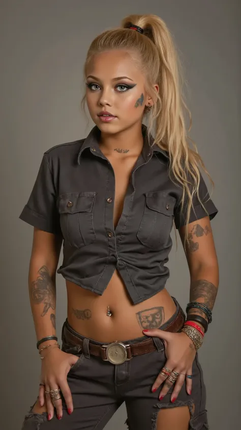 sehr realistisch, A very beautiful and heavily tanned very young blonde girl with pony tail in police clothes and with a ripped shirt with a wristwatch on her wrist and leather bracelets and leather collar , 8K, HDR