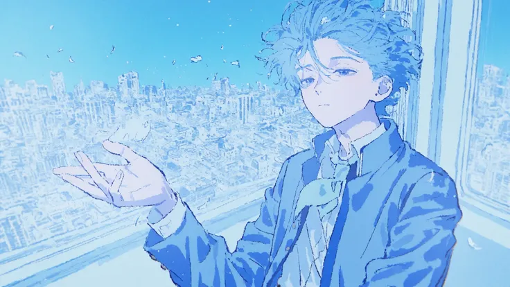 City Pop, School uniform, 1boy, Blue 생머리 소년, Blue, Room, depressing , dreamy and emotional atmosphere with hair flipping, illustration style, expressionless ,wind,Handing over the hair, cute face, greetings