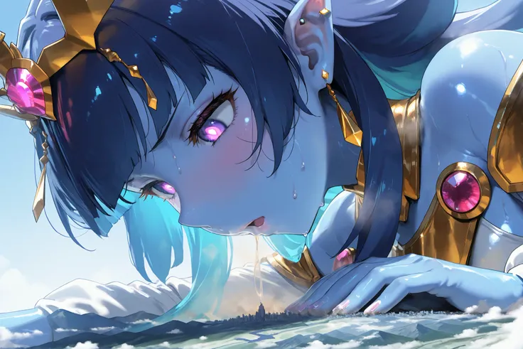 (masterpiece , Highest quality , Ultra-high resolution) , 1girl , spirit king wave , gold headpiece , bare shoulders , white pelvic curtain , gold armor , white leotard , white puffy long sleeves , gold ear piercing , (blue skin) , latex skin , glossy skin...