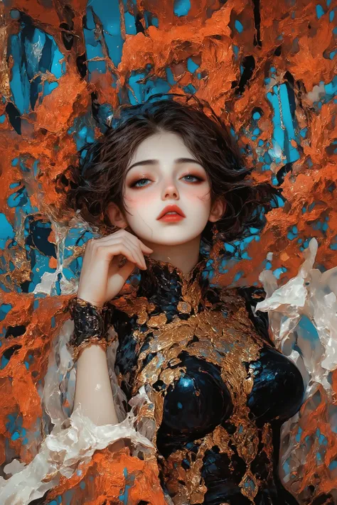 (( Bartolomé Murillo)) ((Women's Blog)) , in the style of dmai, dramatic portrait, fantasy, advanced contemporary artist mode, Gothic_girl, 1girl, innovative abstract floral graphic designs, queen, laying down, mouth open, water theme, ornate dress, bride,...