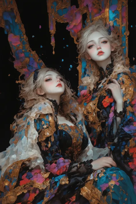 (( Bartolomé Murillo)) ((Women's Blog)) , in the style of dmai, dramatic portrait, fantasy, advanced contemporary artist mode, Gothic_girl, 1girl, innovative abstract floral graphic designs, queen, laying down, mouth open, water theme, ornate dress, bride,...