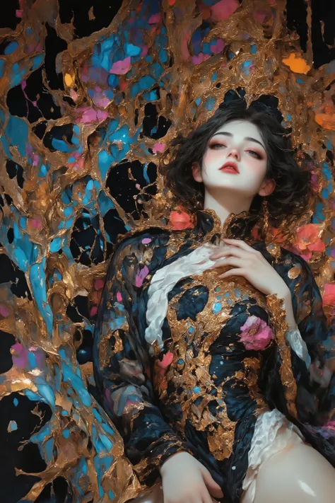 (( Bartolomé Murillo)) ((Women's Blog)) , in the style of dmai, dramatic portrait, fantasy, advanced contemporary artist mode, Gothic_girl, 1girl, innovative abstract floral graphic designs, queen, laying down, mouth open, water theme, ornate dress, bride,...