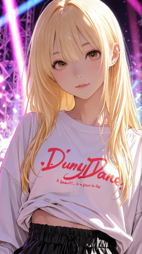 One girl、long blond hair、Street dance style clothes、I'm having sex with a guy in oversized clothes、An outdoor stage with beautiful illuminations、Upper Body Lift、staring straight ahead、piercings