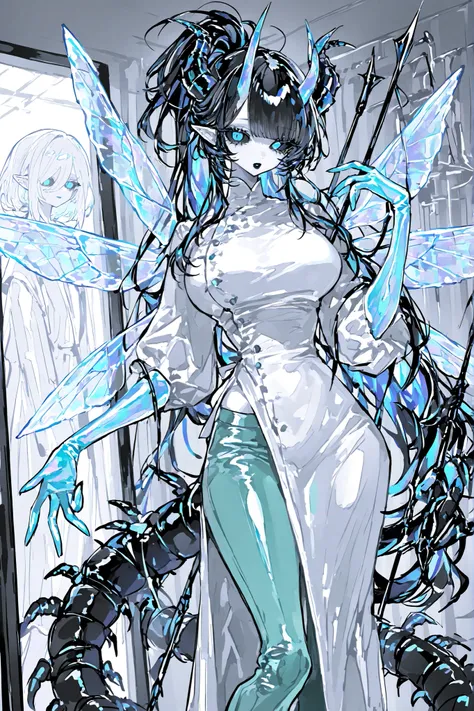 (xxx667_illu,) The monster woman is demon-centipede hybrid.  She has mature bodybuilding: she is tall, has big breasts, a narrow waist ,wide hips, PALE WHITE SKIN. she has a long black centipede tail with harpoon-like sting. She has pointy-ears. She has ex...