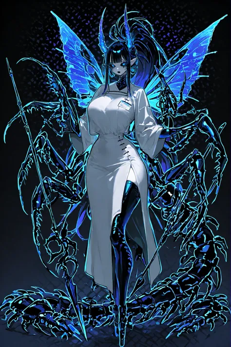 (xxx667_illu,) The monster woman is demon-centipede hybrid.  She has mature bodybuilding: she is tall, has big breasts, a narrow waist ,wide hips, PALE WHITE SKIN. she has a long black centipede tail with harpoon-like sting. She has pointy-ears. She has ex...