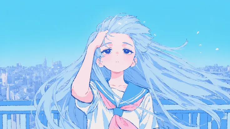 City Pop, School uniform, 1girl, Blue 생머리 소녀, Blue, Room, depressing , dreamy and emotional atmosphere with hair flipping, illustration style, expressionless ,wind,Handing over the hair, cute face, Tired