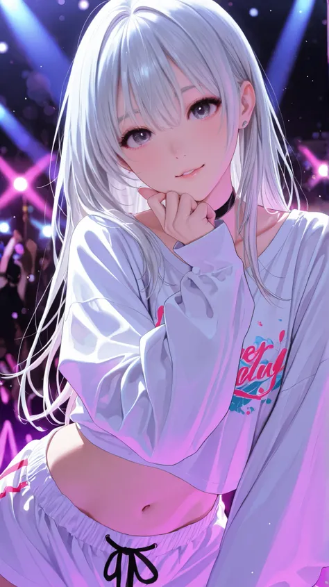 One girl、long silver hair、Street dance style clothes、I'm having sex with a guy in oversized clothes、A stage with beautiful illuminations、Street dancers 、night、nightの街、Intense dancing